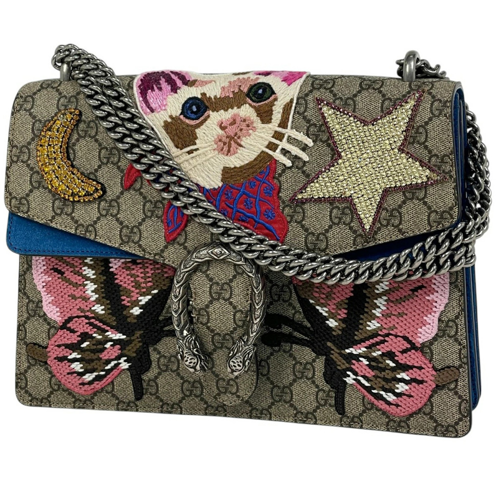 Gucci Dionysus Chain Shoulder Bag Cat Double Flap GG Supreme Beige Blue - Picture 1 of 7